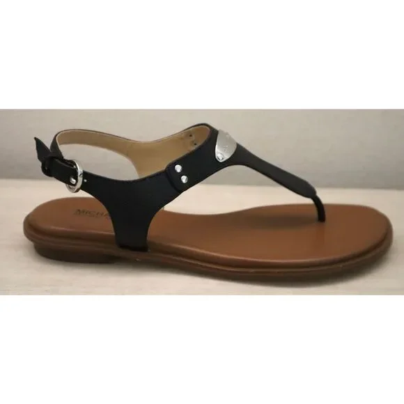 Michael Kors Women's Sz 8.5M Black Saffiano Leather MK Plate Thong Sandals - Picture 5 of 14